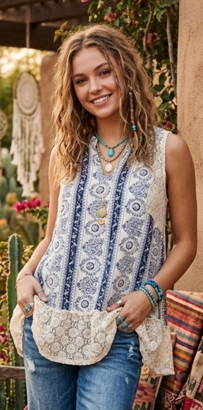 Umgee boho lace sleeveless tunic blouse
